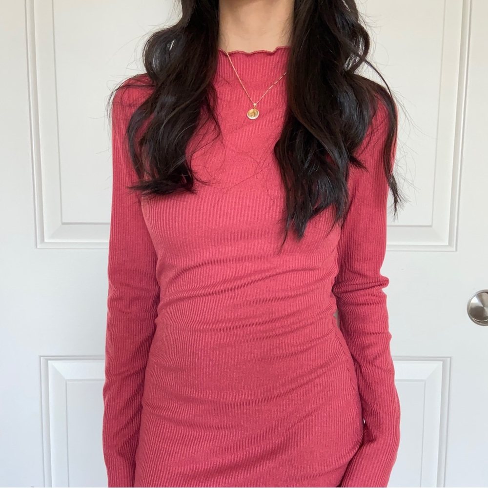Papaya - Candy Apple Red Long Sleeve Ribbed Dress with mock neck